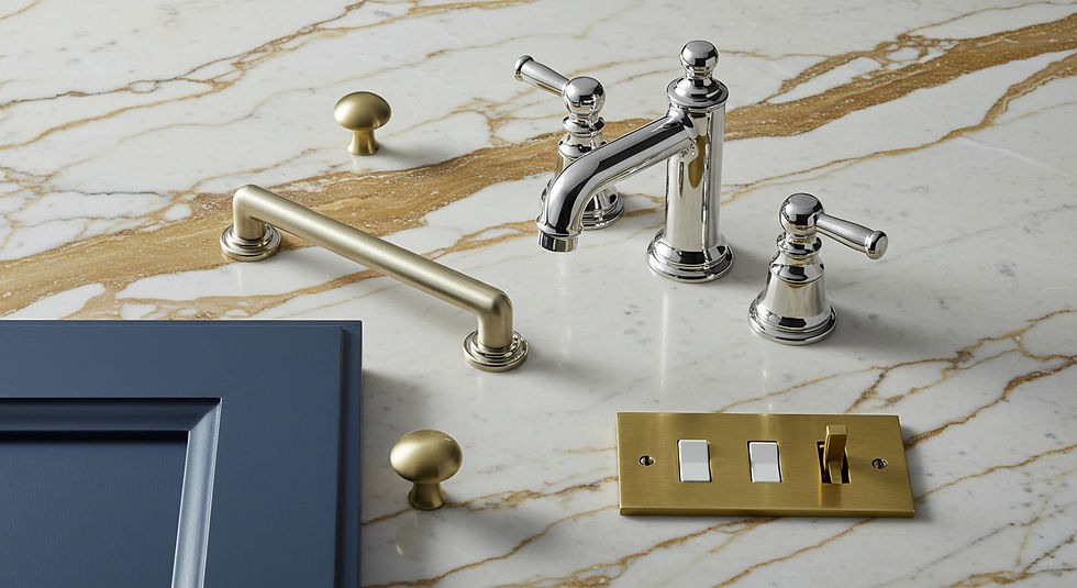An artful flat lay of luxurious Transitional Classic fixtures, including a polished nickel bridge faucet, cabinet hardware, and a brass toggle switch on a Calacatta Gold marble slab.