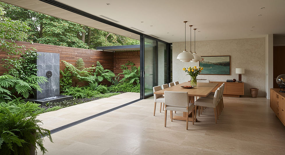 Hero shot of a family room in beverly hills with travertine flooring open to the outdoors with an accordion full span folding door connected to the garden next to the family room