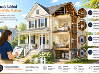 Beautiful older New Jersey home with a partial cutaway view revealing original knob-and-tube wiring running through attic and wall spaces. Home inspection overlays highlight electrical systems, underwriting review, and insurance eligibility concerns.