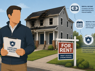 Landlord standing outside damaged rental property while “For Rent” sign and subtle rental income/payment icons appear in background.