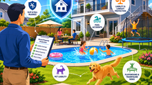 Tenant-occupied rental property with backyard pool, trampoline, and family dog while subtle liability and lawsuit icons appear around the property.