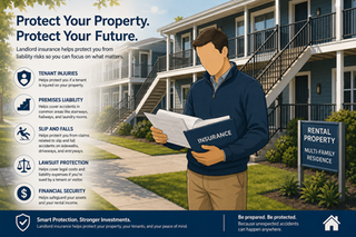 Landlord standing outside a multi-family rental property reviewing insurance documents while subtle liability protection imagery appears around tenants, stairways, sidewalks, and shared areas.