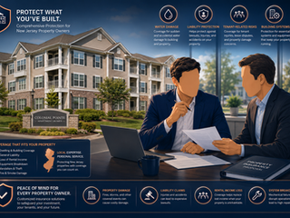 Well-maintained apartment building in a New Jersey suburban setting. Property owner reviewing insurance documents with advisor while subtle overlays highlight water damage, liability protection, tenant-related risks, and building systems.