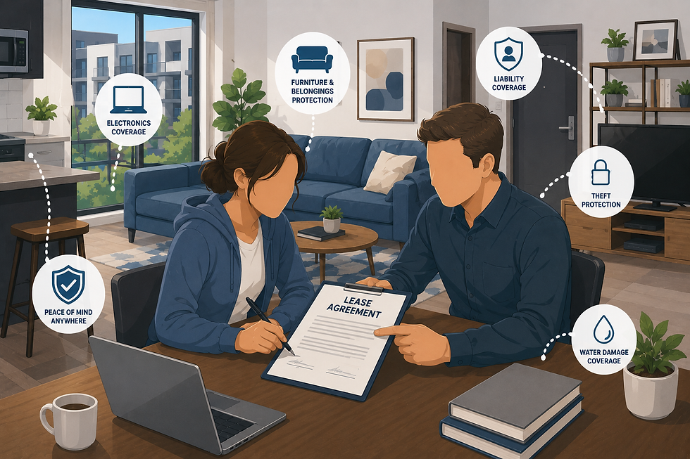 Apartment renter reviewing lease agreement with landlord while subtle renters insurance protection icons appear around furniture, electronics, and apartment interior.