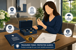 Homeowner reviewing engagement ring, luxury watch, jewelry box, and appraisal paperwork at modern dining table while subtle insurance protection icons appear around the valuables.