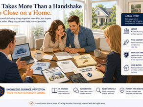 Young homebuyers sitting at a closing table surrounded by mortgage paperwork, title documents, homeowners insurance paperwork, and home inspection reports. Subtle visual tension shows multiple parties involved in the transaction including lender, title company, insurance company, and homebuyers.