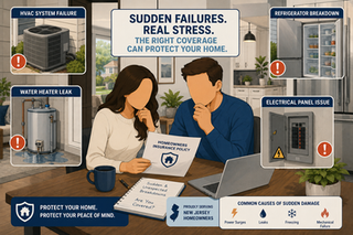 Modern New Jersey home experiencing sudden appliance and HVAC failures while homeowners review insurance paperwork and technician examines damaged equipment.