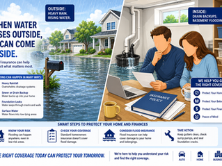 Split-scene showing heavy rain and rising outdoor floodwater on one side and a basement sump pump or drain backup overflowing inside a home on the other while homeowners review insurance paperwork.