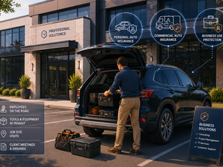 Small business owner loading equipment into a personal SUV parked outside a professional office building. Subtle overlays show personal auto insurance, commercial auto insurance, and business-use icons.