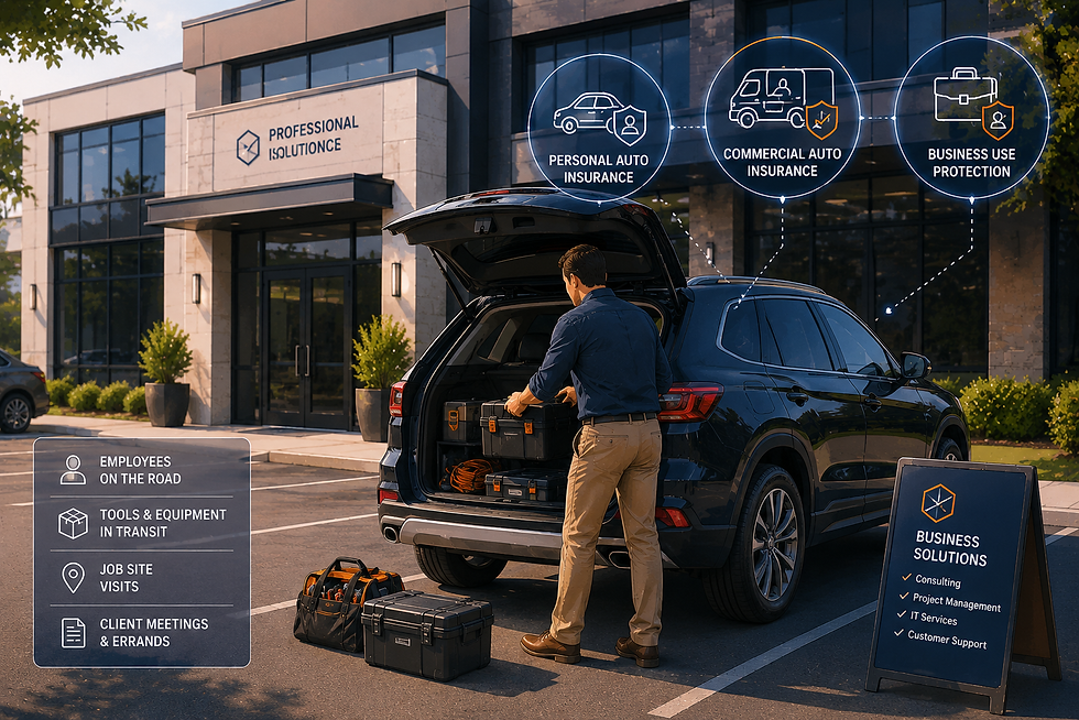 Small business owner loading equipment into a personal SUV parked outside a professional office building. Subtle overlays show personal auto insurance, commercial auto insurance, and business-use icons.