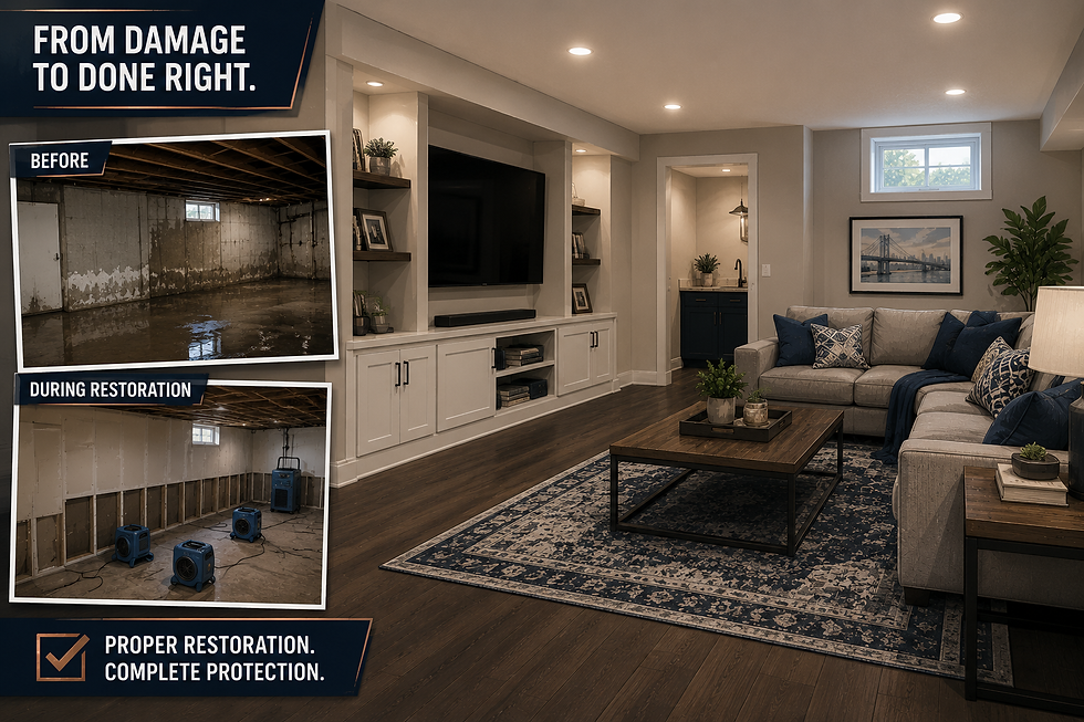 Modern finished basement with subtle visual comparison showing previous water damage restoration and completed repairs.