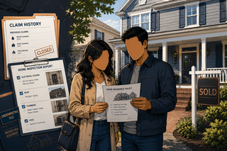 New homeowners standing in front of recently purchased New Jersey home reviewing insurance paperwork while subtle claim file and inspection report graphics appear in the background.