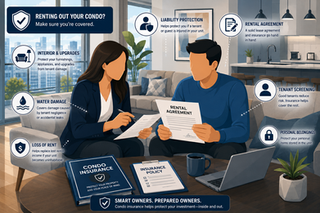 Condo owner handing keys to tenant inside modern condominium building while subtle insurance protection icons appear around the condo unit, liability exposure, and rental activity.