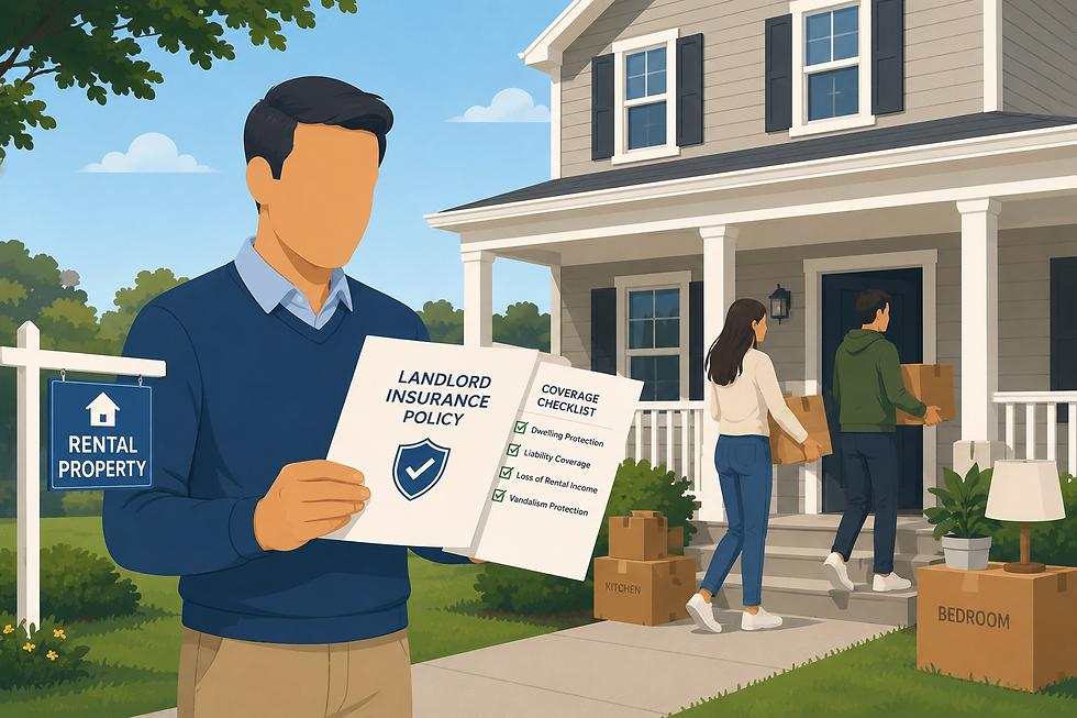 Landlord standing outside rental property reviewing insurance documents while tenants move belongings into the home.