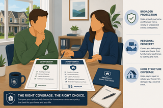 Homeowner reviewing two different homeowners insurance policy options with insurance professional while coverage icons represent broader protection, personal property, and home structure coverage.