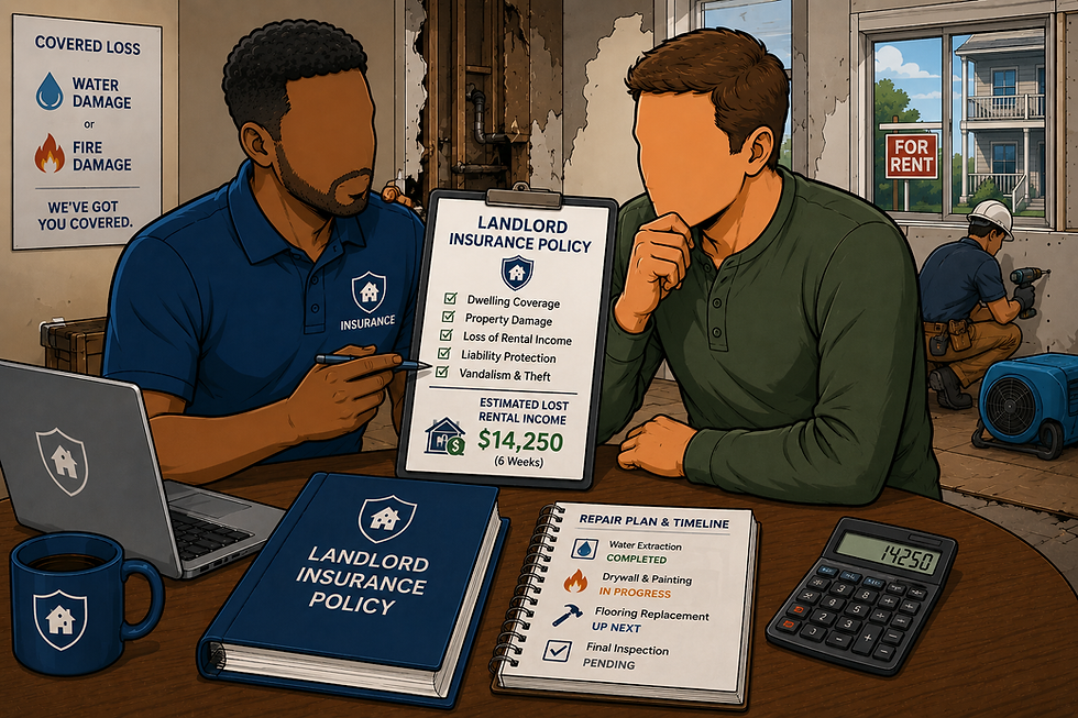 Insurance professional reviewing landlord policy and estimated lost rental income with property owner during rental property repairs after covered water or fire damage.