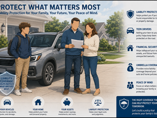 Teen driver standing beside family vehicle with parents reviewing insurance documents while subtle liability protection graphics appear around the family, vehicles, and financial assets.