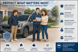 Teen driver standing beside family vehicle with parents reviewing insurance documents while subtle liability protection graphics appear around the family, vehicles, and financial assets.