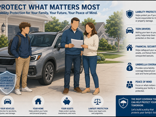 Teen driver standing beside family vehicle with parents reviewing insurance documents while subtle liability protection graphics appear around the family, vehicles, and financial assets.
