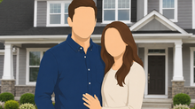 Faceless married couple standing in front of home discussing homeowners insurance and mortgage ownership