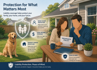 Insurance professional reviewing homeowners liability limits and umbrella insurance options with dog-owning family in modern office setting.