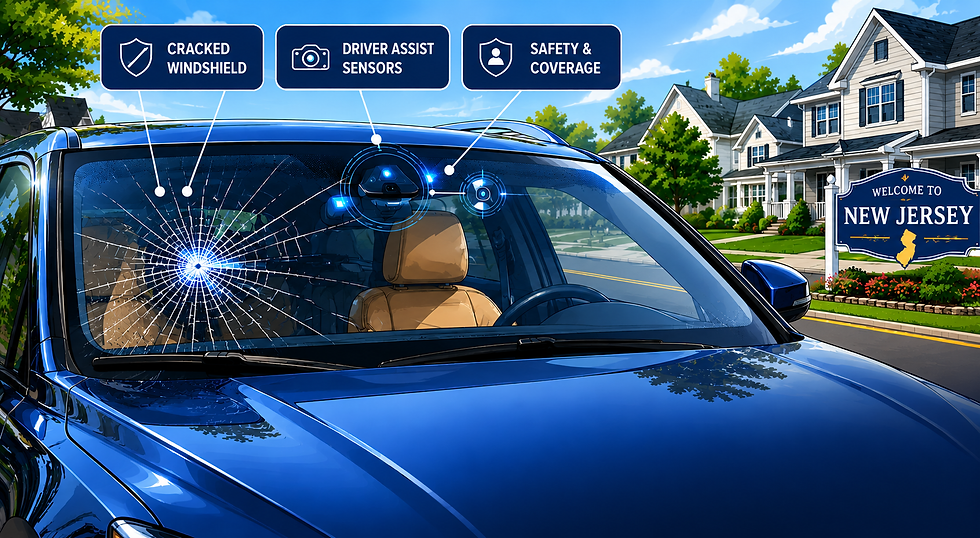 Suburban street view through car windshield