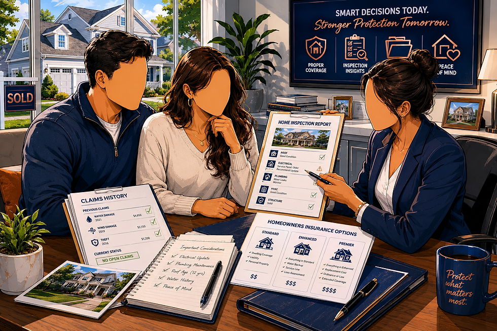 Homebuyers meeting with insurance advisor while reviewing inspection reports, claims records, and homeowners insurance options before closing.