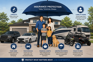 Family standing confidently in front of home, vehicles, and recreational equipment while subtle umbrella-shaped protection graphics appear around lawsuits, liability risks, and financial assets.