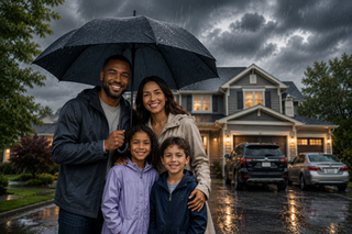 Professional family standing under an umbrella during a storm with suburban home and vehicles in background.