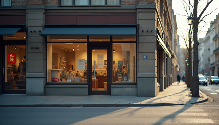 Eye-level view of a small business storefront with a clear sign and window displays