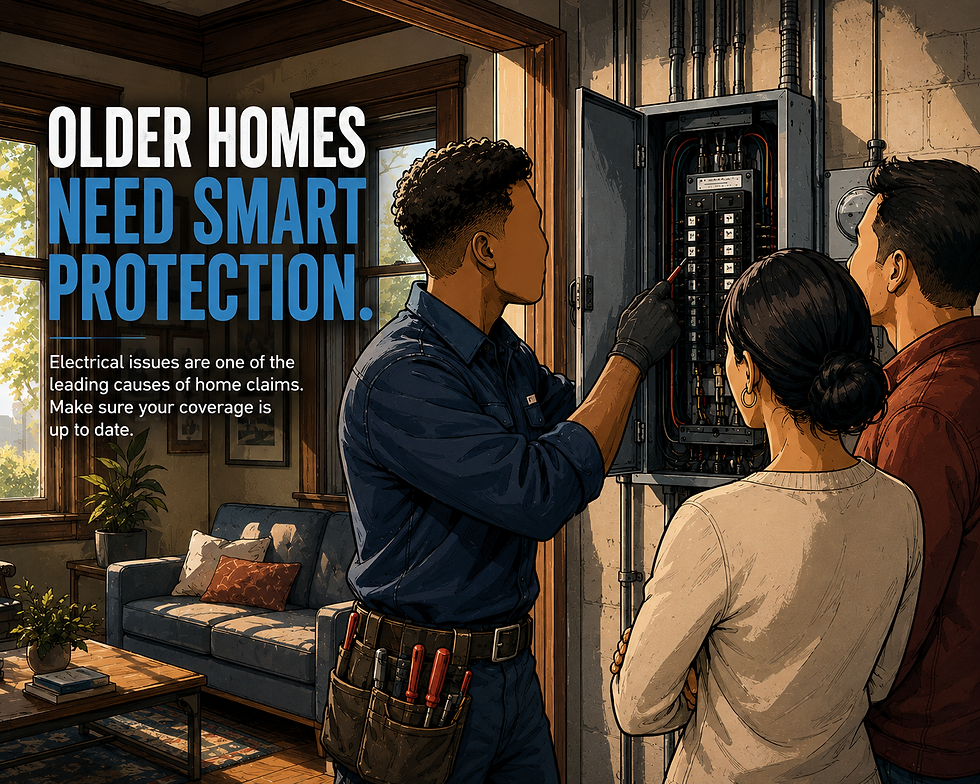Licensed electrician inspecting an electrical panel inside a well-maintained older home while homeowners observe. Modern, clean educational insurance advertisement aesthetic.
