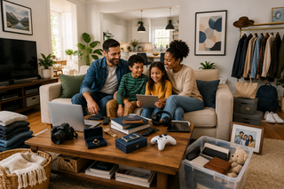 Family inside modern home surrounded by everyday belongings such as furniture, electronics, artwork, clothing, and valuables.