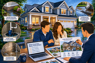 Heavy rainstorm over a New Jersey home with four separate water damage scenarios subtly illustrated: