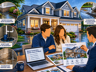 Heavy rainstorm over a New Jersey home with four separate water damage scenarios subtly illustrated: