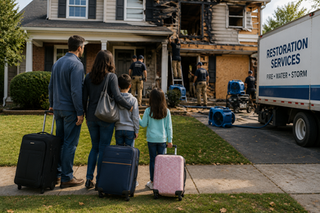Family standing outside a damaged home with luggage while restoration crews work in the background.