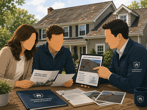 Beautiful New Jersey suburban home with aging roof visible while homeowners review insurance paperwork and inspection photos. Insurance advisor points to roof condition report on tablet.