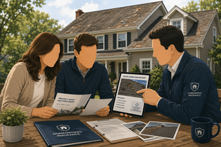 Beautiful New Jersey suburban home with aging roof visible while homeowners review insurance paperwork and inspection photos. Insurance advisor points to roof condition report on tablet.