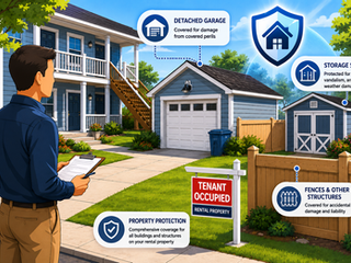 Detached garage, fence, and storage shed behind tenant-occupied rental property with subtle insurance protection icons around detached structures.