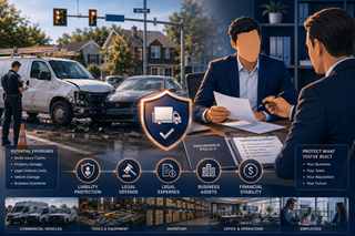 Commercial vehicle involved in a serious accident at a suburban intersection. Business owner reviewing insurance documents with advisor while subtle overlays show liability protection, legal expenses, and business assets.
