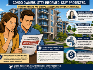 Condo owners reviewing condominium association notice about building repairs and special assessments while subtle insurance protection icons appear around the building and shared property areas.
