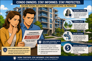Condo owners reviewing condominium association notice about building repairs and special assessments while subtle insurance protection icons appear around the building and shared property areas.
