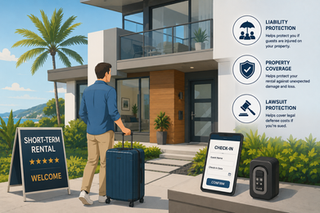 Modern vacation-style rental home with luggage at the entrance, keypad entry, and subtle Airbnb/short-term rental booking icons in the background.