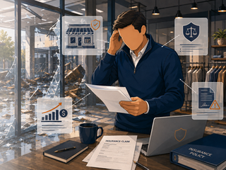 Small business owner reviewing insurance documents after a property loss while standing inside a modern retail store or professional office. Subtle overlays highlight business property, liability protection, business income, and claim paperwork.