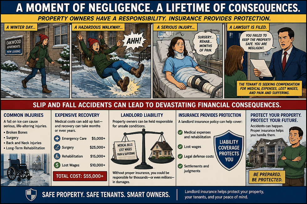 A tenant slips on an icy walkway outside a rental property and suffers serious injuries requiring surgery and rehabilitation.