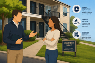 Landlord speaking with tenant near apartment walkway while subtle liability and lawsuit protection icons appear around rental property.