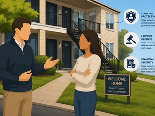 Landlord speaking with tenant near apartment walkway while subtle liability and lawsuit protection icons appear around rental property.