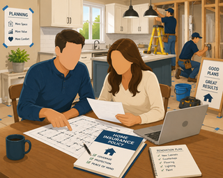 Homeowners reviewing renovation plans and insurance paperwork inside partially remodeled kitchen while contractors work in the background.