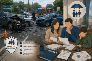 Serious multi-vehicle auto accident scene on suburban New Jersey roadway while a family reviews financial documents and insurance paperwork in the background with subtle liability protection imagery.