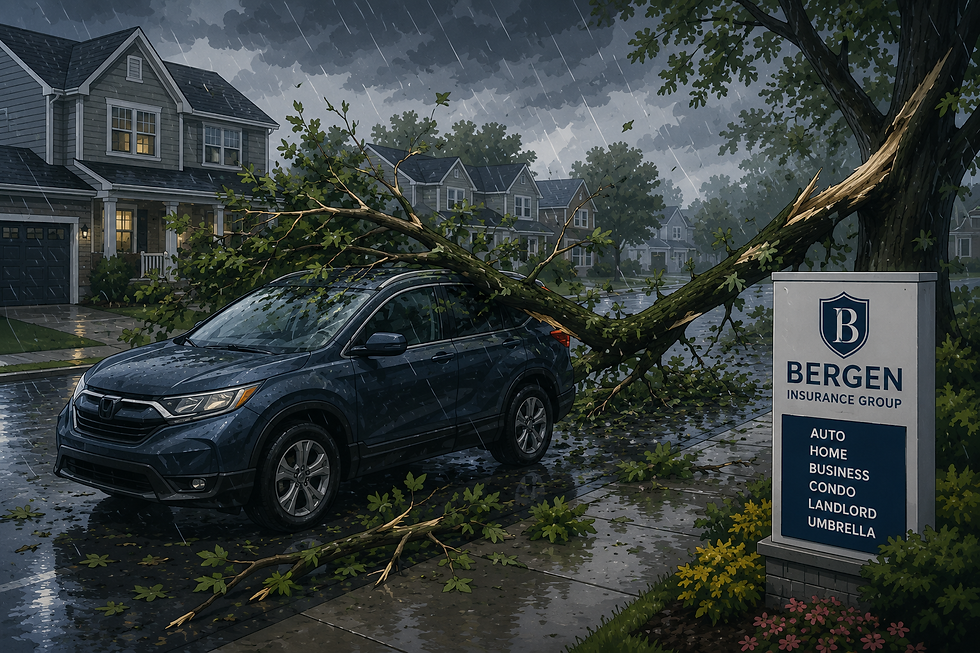 Stormy street with fallen tree and SUV