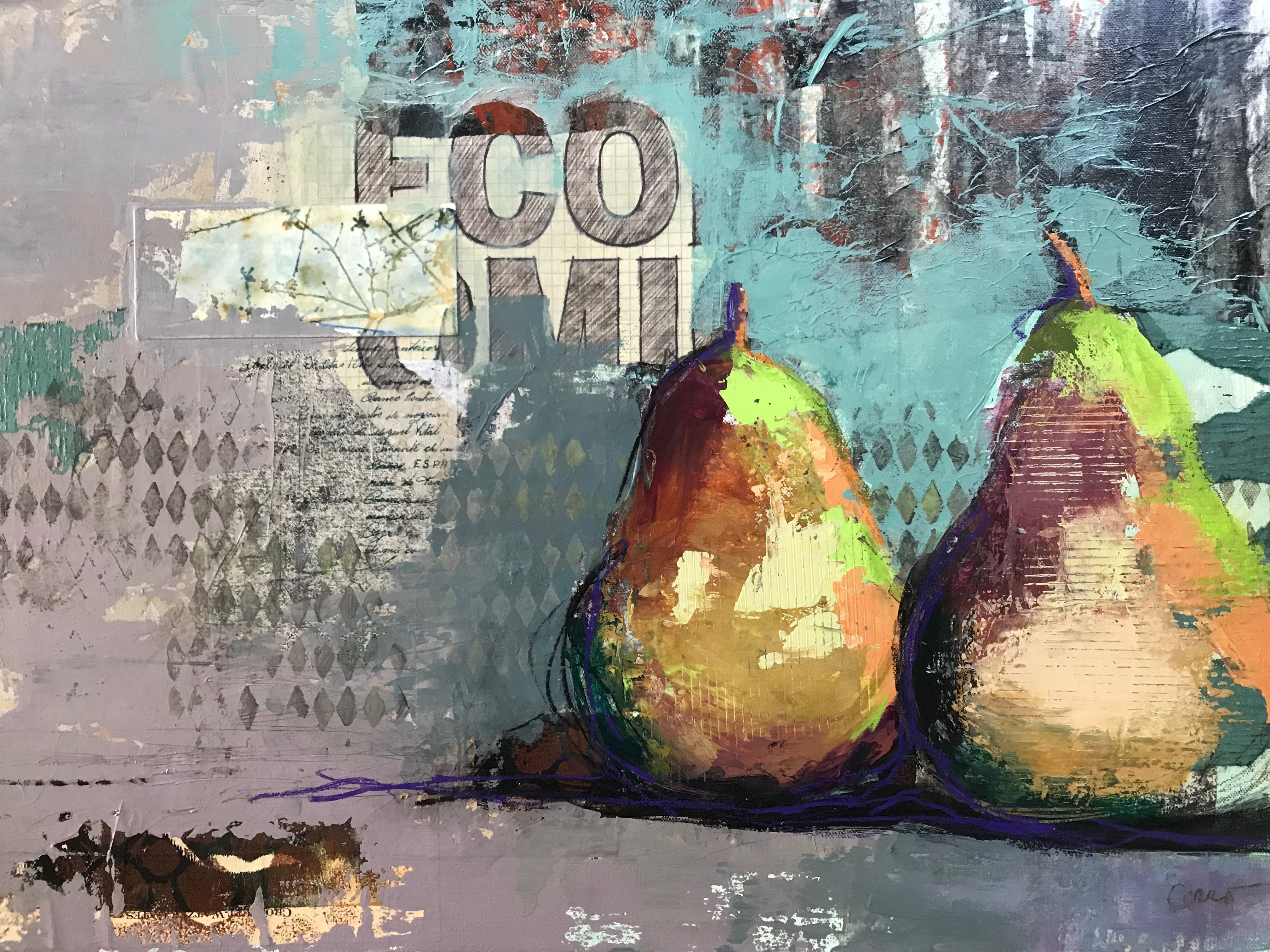 contemporary still life of pears with large text